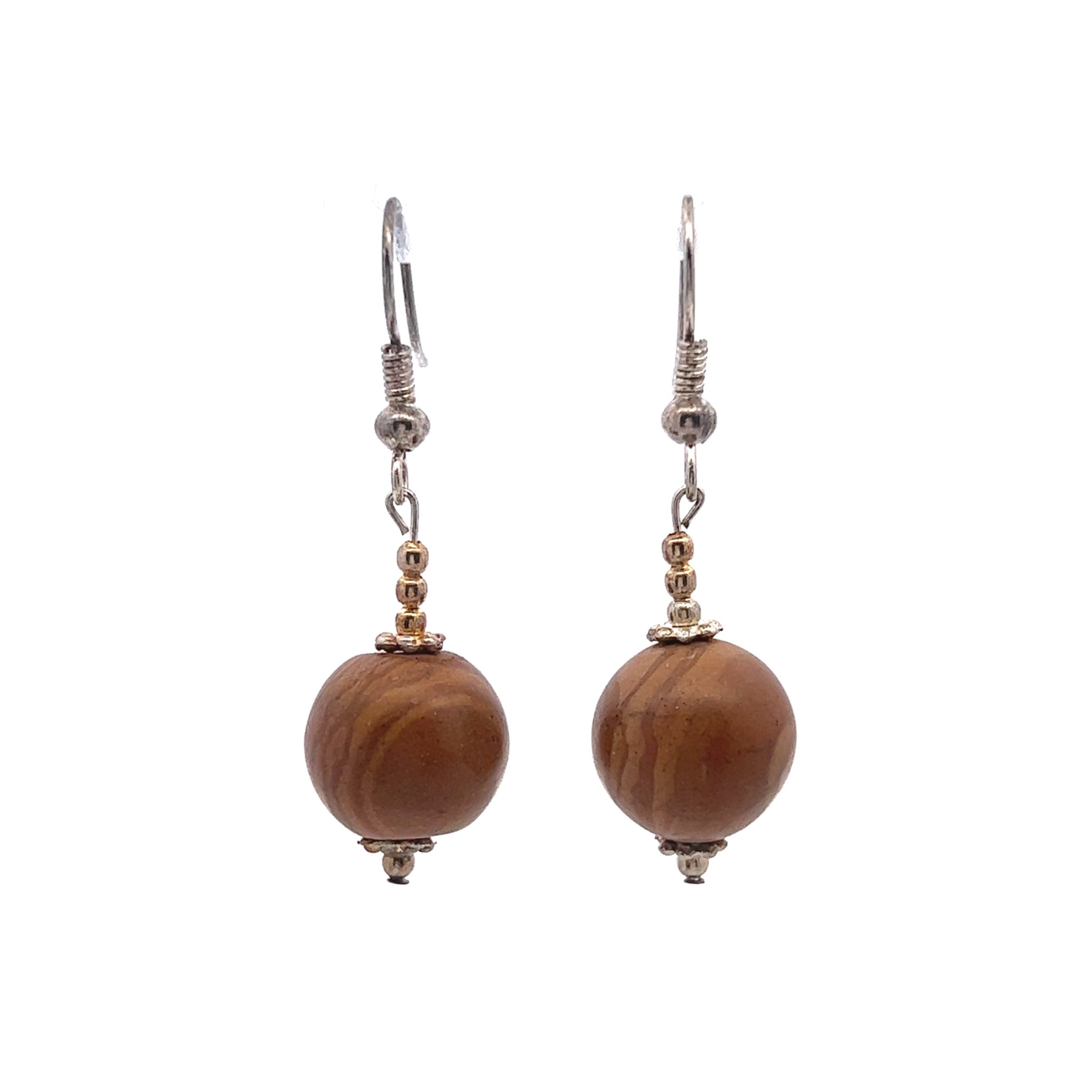 Brown Wood 12mm Ball Plain Dangle Gemstone Earrings