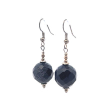 Dark Blue Sandstone 14mm Ball Facet Dangle Gemstone Earrings