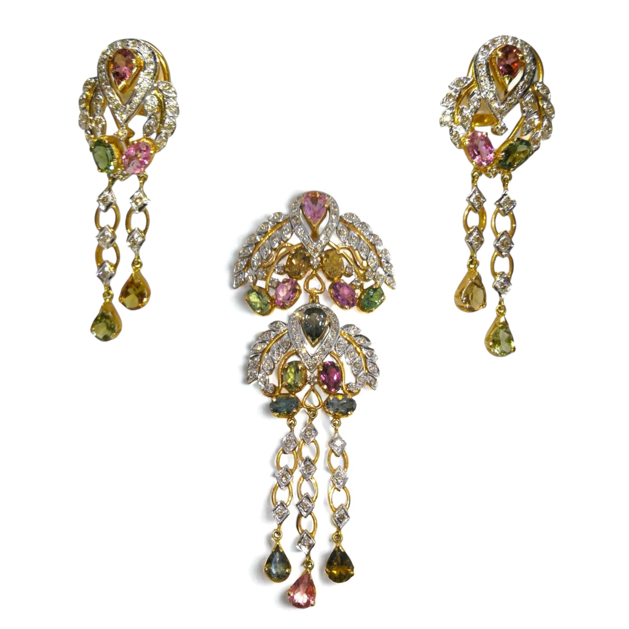 18K Yellow Gold Pendant Earring with Diamond & Multi Tourmaline Natural Gemstone Tassel Elegant Jewellery Set