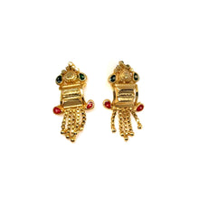 Temple-Style Rectangular Gold Tone Dangler Pair of Earrings with Heart Motif and Colored Accents