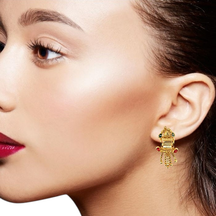 Temple-Style Rectangular Gold Tone Dangler Pair of Earrings with Heart Motif and Colored Accents