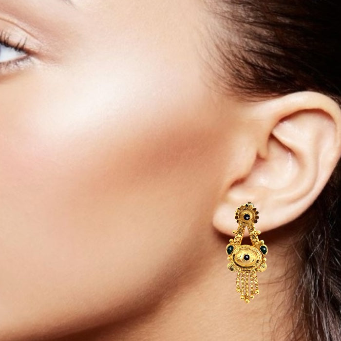 V-Shape Drop Earrings Gold Tone with Floral Stud Top and Emerald Detailing Vintage Inspired Jewellery