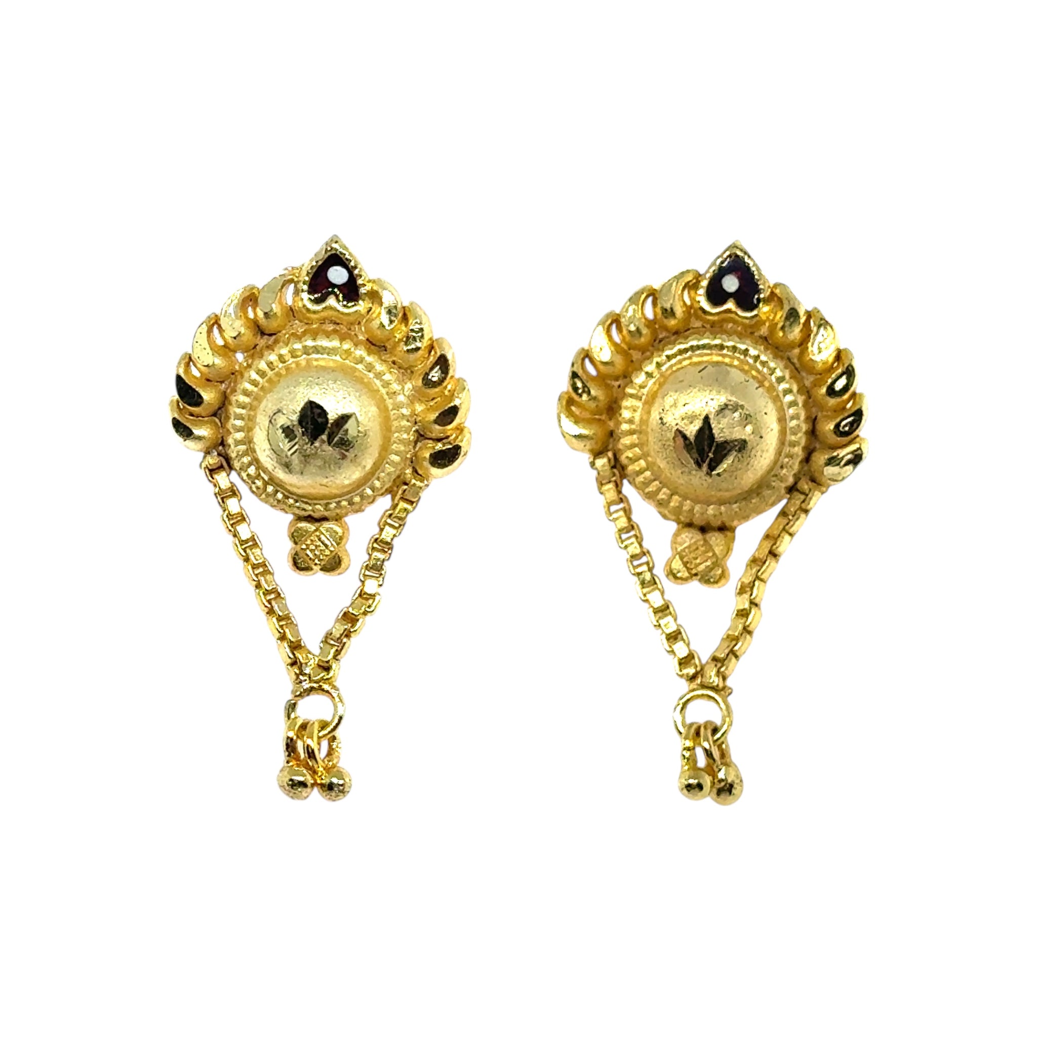 Ethnic Fan-Shaped Gold Tone Earrings with Sunburst Engraving & Heart Enamel Elegant Danglers