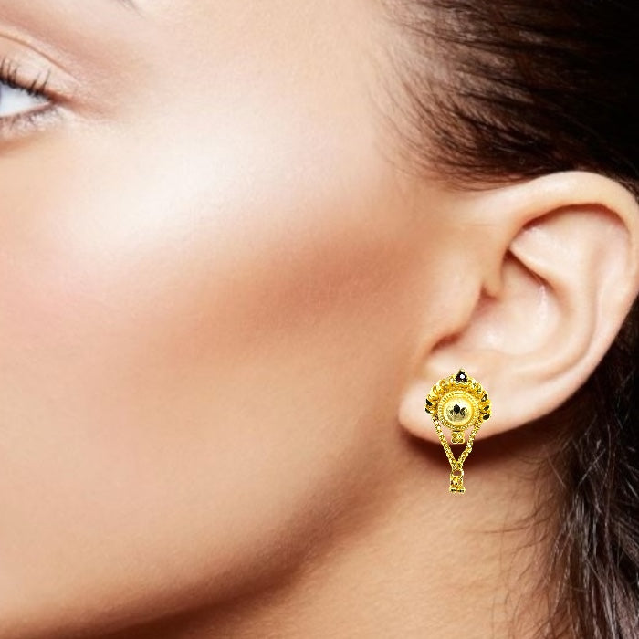 Ethnic Fan-Shaped Gold Tone Earrings with Sunburst Engraving & Heart Enamel Elegant Danglers