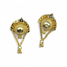 Ethnic Fan-Shaped Gold Tone Earrings with Sunburst Engraving & Heart Enamel Elegant Danglers