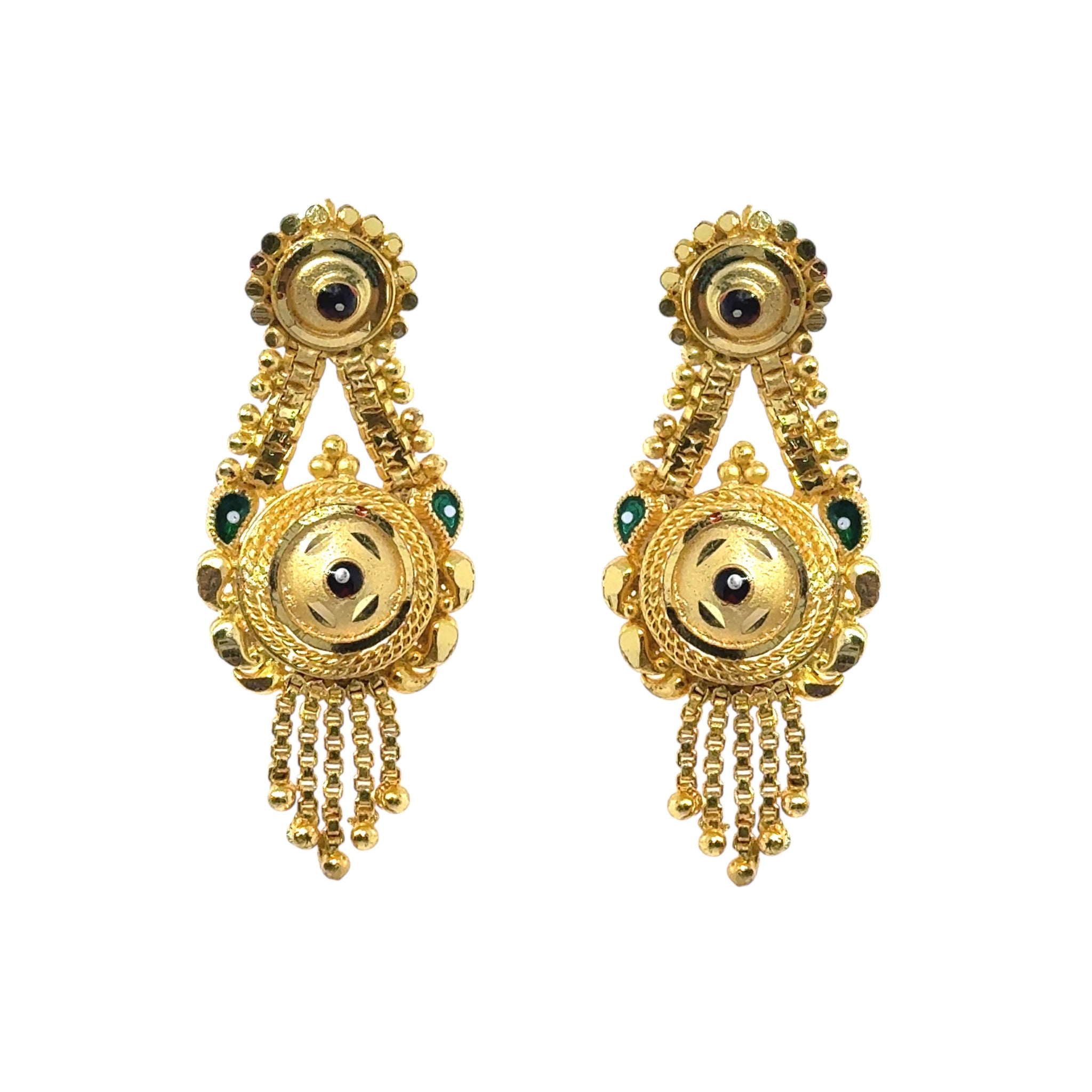 Vintage Inspired Dangler Gold Tone Earrings with Circular Motif and Enamel Highlights Jewellery For Her