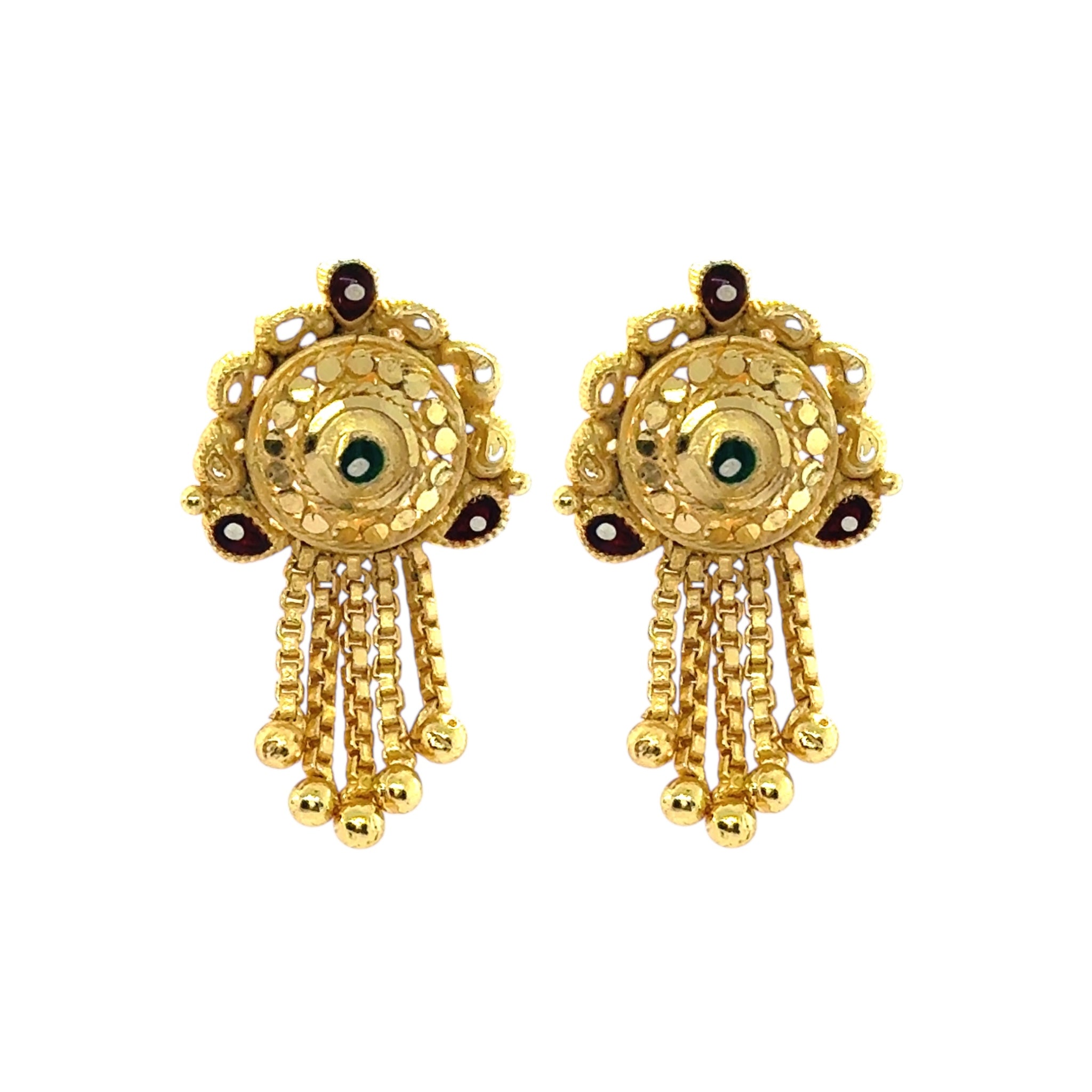Floral Stud Gold Tone Earrings with Multi-Colored Detail and Chain Tassels Traditional Jewellery