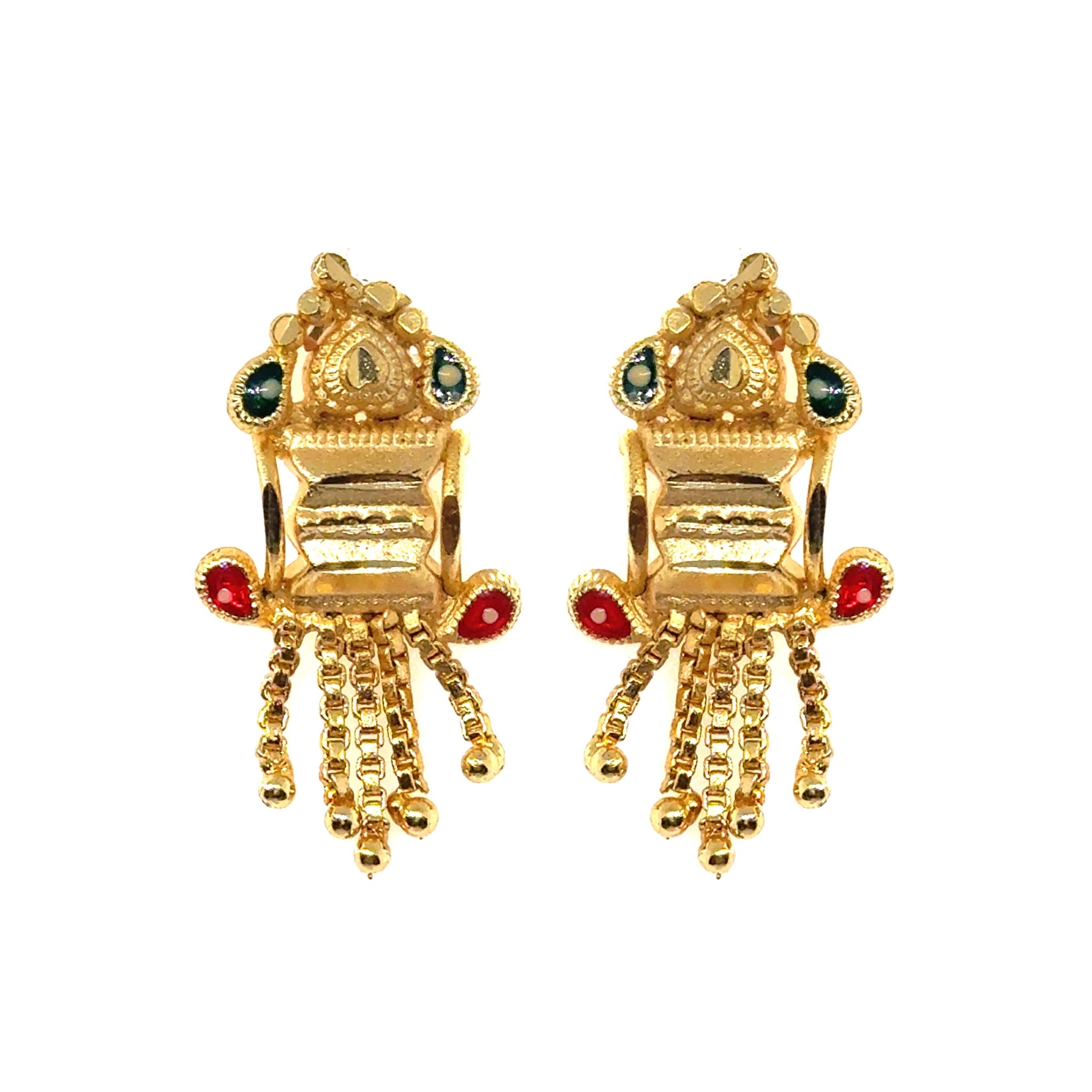 Temple-Style Rectangular Gold Tone Dangler Pair of Earrings with Heart Motif and Colored Accents