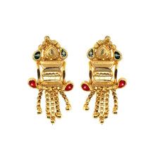 Temple-Style Rectangular Gold Tone Dangler Pair of Earrings with Heart Motif and Colored Accents