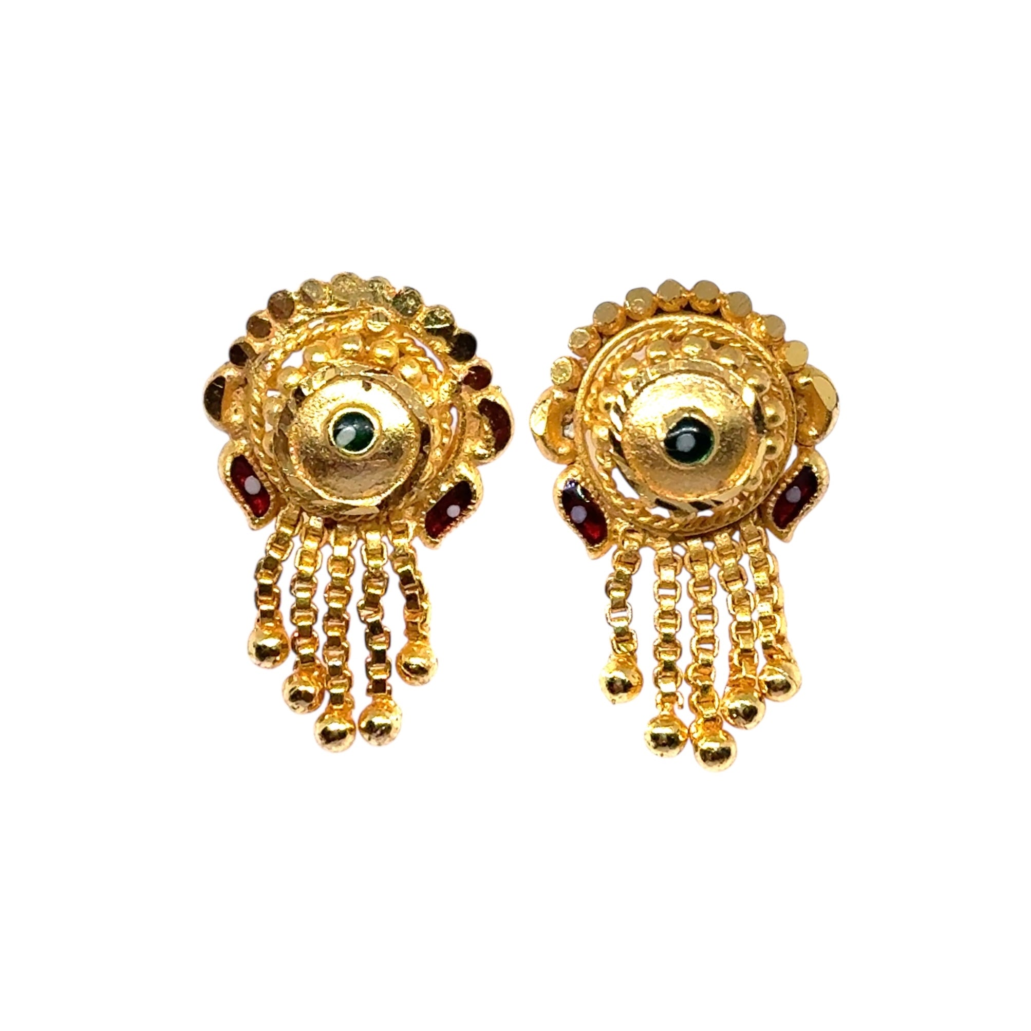 Round Stud Gold Tone Earrings with Deep Red Petal Detailing and Chain Drop Vintage Inspired Jewellery