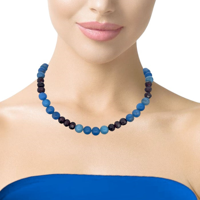 Natural Sodalite & Garnet Rondelle Facet Beads Gemstone Necklace