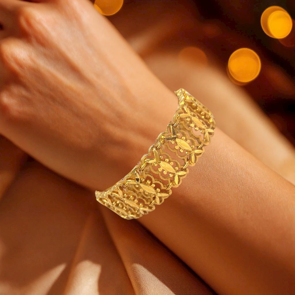 Yellow Gold Plated Nature Bracelet – Textured Leaf Links & Filigree Weave