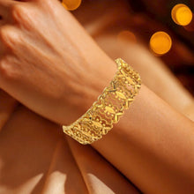 Yellow Gold Plated Nature Bracelet – Textured Leaf Links & Filigree Weave