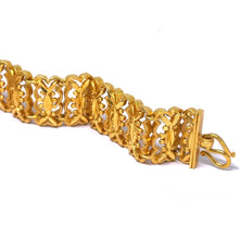 Yellow Gold Plated Nature Bracelet – Textured Leaf Links & Filigree Weave