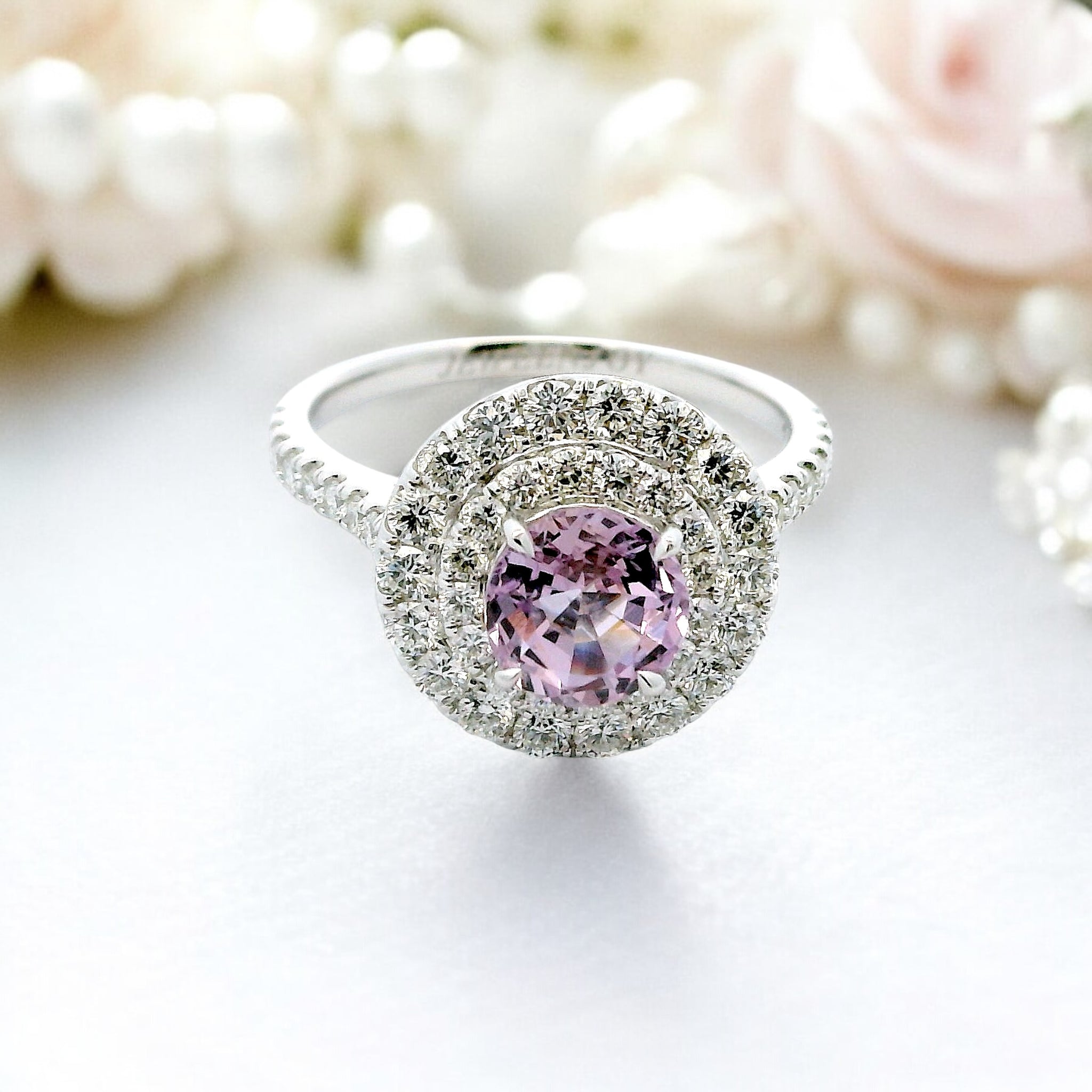 18K White Gold Natural Diamond & Pink Sapphire Halo Ring