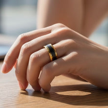 Tungsten Ring Center Black Brushed Matte Finish Gold Beveled Edges Band