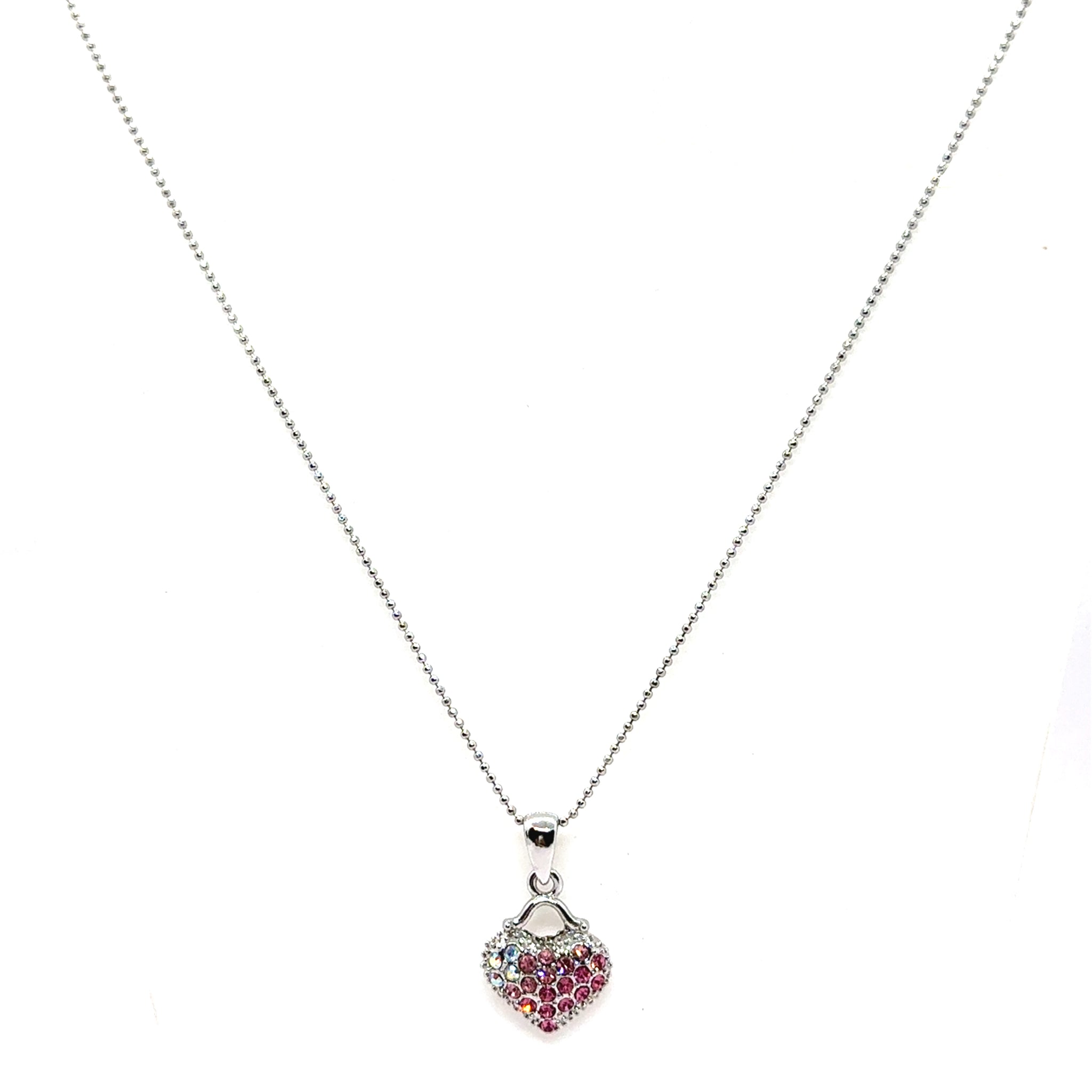 Pink Heart Pendant Beaded Chain Necklace with Rhinestone Charm – Cute and Stylish Fashion Jewelry