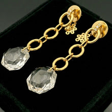 18K Yellow Gold Drop Earrings | Natural Diamond & White Quartz | Chain Link, Decorative Knot Motif Charm Jewelry