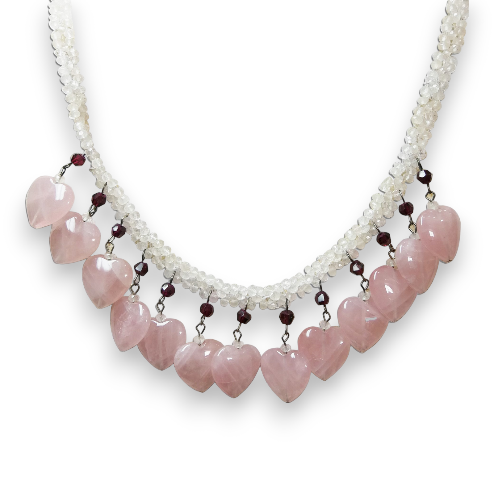 Natural Handmade Necklace 16"-18" Rose Quartz and Garnet with White Topaz Gemstone Beads Jewellery