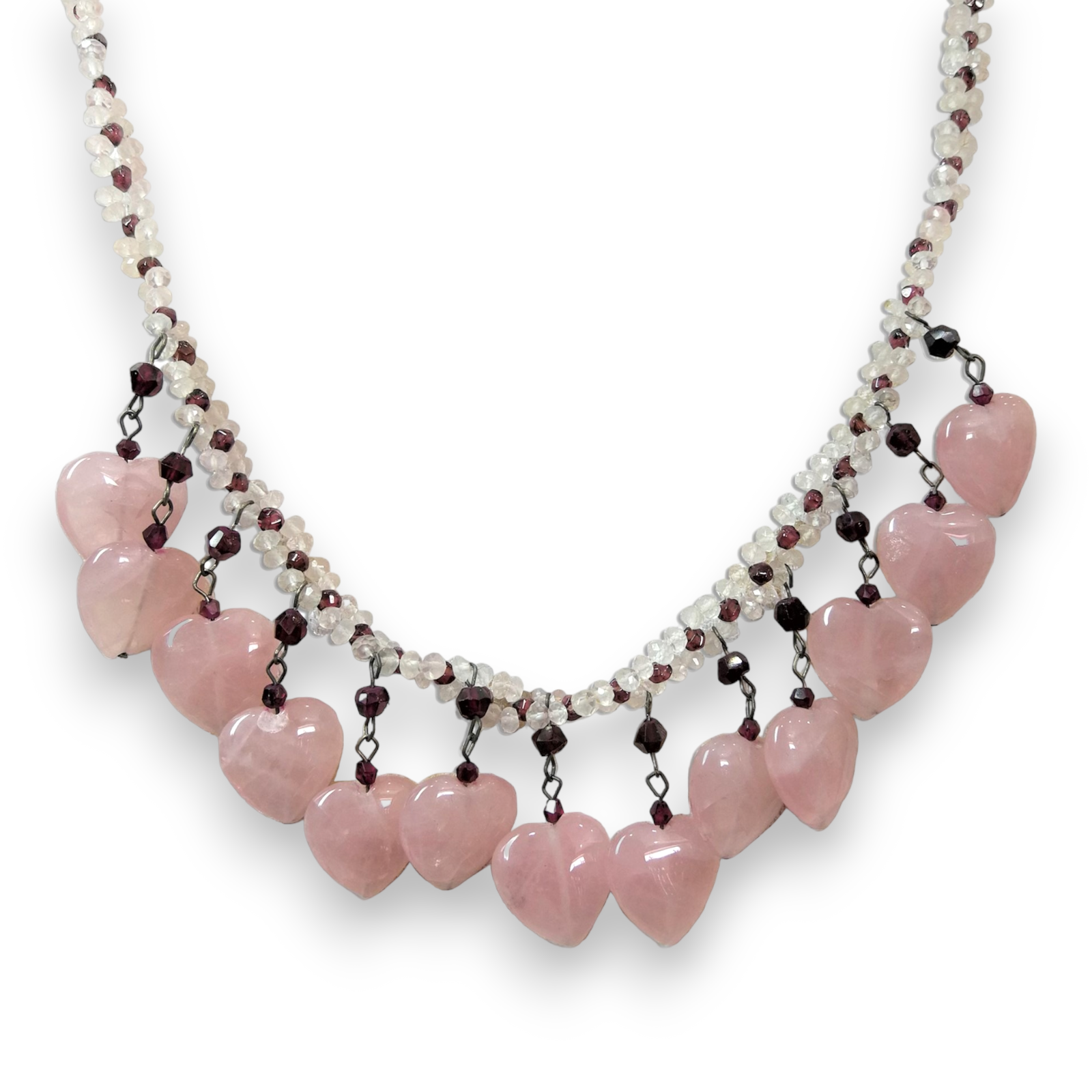 Natural Handmade Necklace 16"-18" Rose Quartz, Garnet, White Topaz Gemstone Beads Jewellery