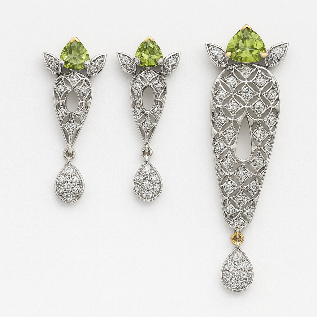 18K Yellow Gold Pendant Earring with Diamond Natural & Peridot Jewellery Set