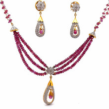 18K Two Tone Gold Necklace Earring With Natural Diamond, Pink Tourmaline & Rhodolite Bridal Jewelry Set