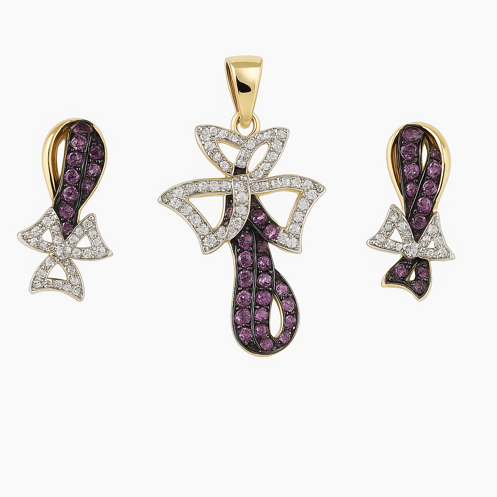 18K Yellow Gold Pendant Earring with Pink Sapphire & Diamonds Natural Gemstone Jewellery Set
