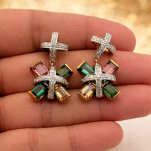 18K White & Yellow Gold | Natural Diamond & Tourmaline Pendant & Earrings Set | Floral Cross Motif Jewelry