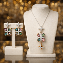 18K White & Yellow Gold | Natural Diamond & Tourmaline Pendant & Earrings Set | Floral Cross Motif Jewelry