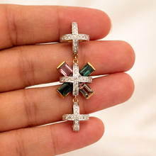 18K White & Yellow Gold | Natural Diamond & Tourmaline Pendant & Earrings Set | Floral Cross Motif Jewelry