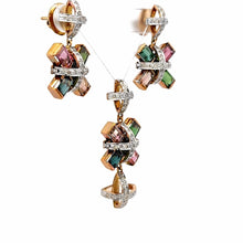 18K White & Yellow Gold | Natural Diamond & Tourmaline Pendant & Earrings Set | Floral Cross Motif Jewelry