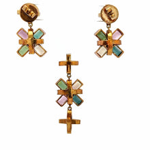 18K White & Yellow Gold | Natural Diamond & Tourmaline Pendant & Earrings Set | Floral Cross Motif Jewelry