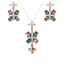 18K White & Yellow Gold | Natural Diamond & Tourmaline Pendant & Earrings Set | Floral Cross Motif Jewelry