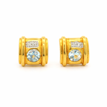 14K Yellow Gold Stud Earrings | Natural Aquamarine & Diamond | Geometric Modern Design