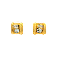 14K Yellow Gold Stud Earrings | Natural Aquamarine & Diamond | Geometric Modern Design