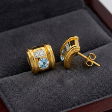 14K Yellow Gold Stud Earrings | Natural Aquamarine & Diamond | Geometric Modern Design