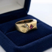 14K Yellow Gold Gypsy Ring | Natural Pink Tourmaline & Brilliant Diamond Accents | Vintage Flush-Set Band