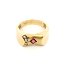 14K Yellow Gold Gypsy Ring | Natural Pink Tourmaline & Brilliant Diamond Accents | Vintage Flush-Set Band