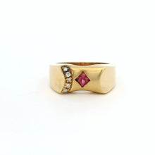 14K Yellow Gold Gypsy Ring | Natural Pink Tourmaline & Brilliant Diamond Accents | Vintage Flush-Set Band