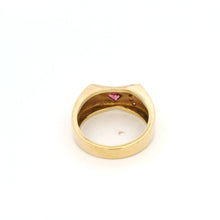 14K Yellow Gold Gypsy Ring | Natural Pink Tourmaline & Brilliant Diamond Accents | Vintage Flush-Set Band