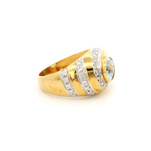 14K Yellow Gold Statement Ring | Natural Aquamarine & Pavé Diamond Halo Band | Modern Contemporary Jewelry
