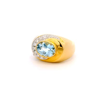 14K Yellow Gold Statement Ring | Natural Aquamarine & Pavé Diamond Halo Band | Modern Contemporary Jewelry