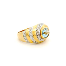 14K Yellow Gold Statement Ring | Natural Aquamarine & Pavé Diamond Halo Band | Modern Contemporary Jewelry