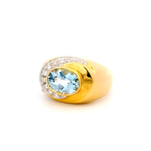 14K Yellow Gold Statement Ring | Natural Aquamarine & Pavé Diamond Halo Band | Modern Contemporary Jewelry