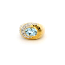 14K Yellow Gold Statement Ring | Natural Aquamarine & Pavé Diamond Halo Band | Modern Contemporary Jewelry