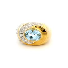 14K Yellow Gold Statement Ring | Natural Aquamarine & Pavé Diamond Halo Band | Modern Contemporary Jewelry