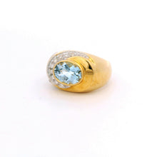 14K Yellow Gold Statement Ring | Natural Aquamarine & Pavé Diamond Halo Band | Modern Contemporary Jewelry