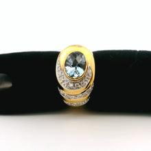 14K Yellow Gold Statement Ring | Natural Aquamarine & Pavé Diamond Halo Band | Modern Contemporary Jewelry