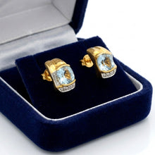 14K Yellow Gold Stud Earrings |  Natural Aquamarine & Diamond | Modern Bezel-Set Fine Jewelry