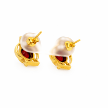 14K Yellow Gold Art Deco Stud Earrings | Natural Garnet & Diamond | Bezel-Set Two-Stone Geometric Design